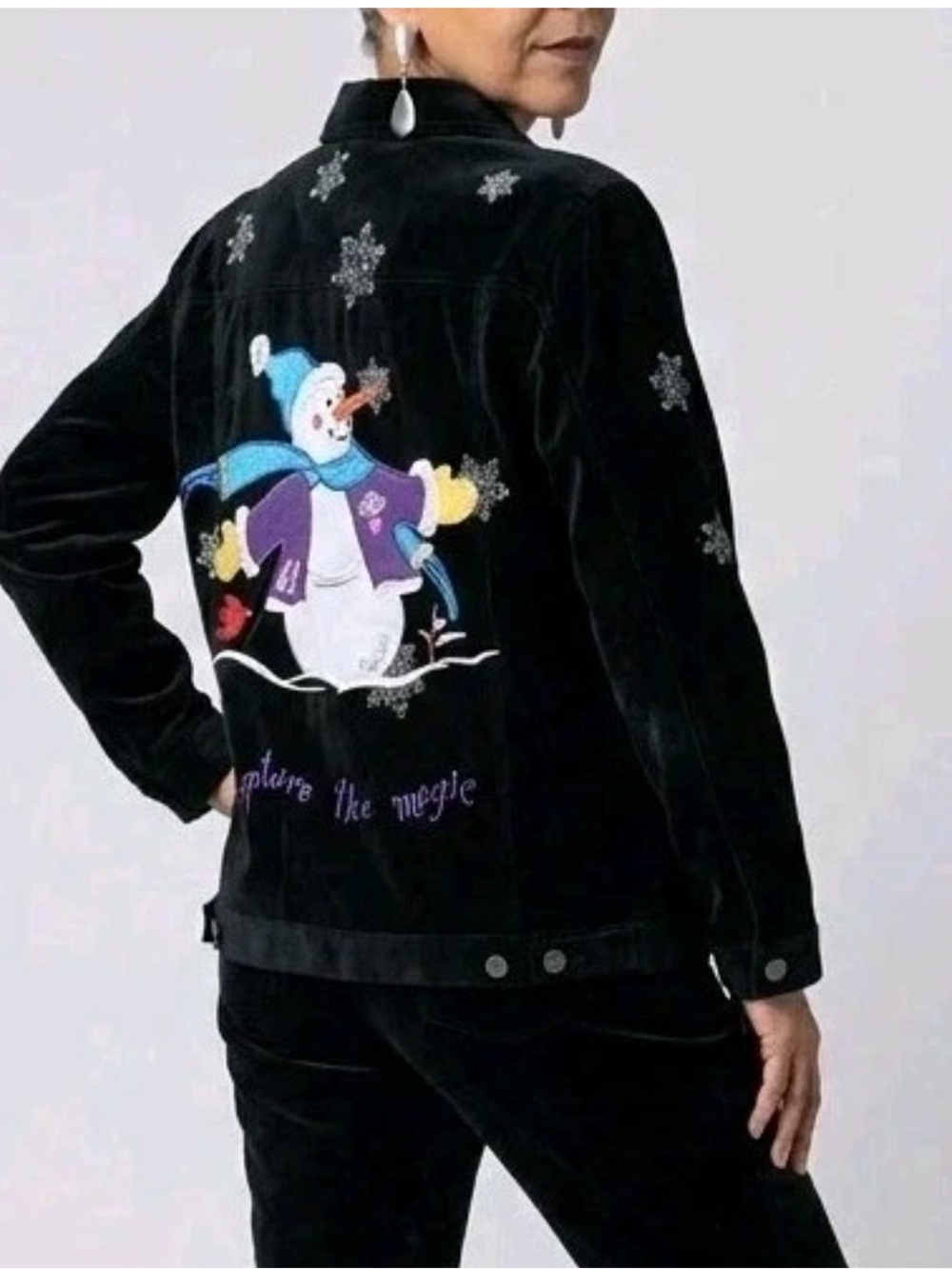 Black Velvet Jacket Snowman Sequin Snowflake Embroidered Holiday Christmas Magic